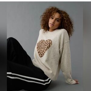 American Eagle Whoa So Soft Leopard Heart Crew Chunky Cozy Neck Sweater XXL